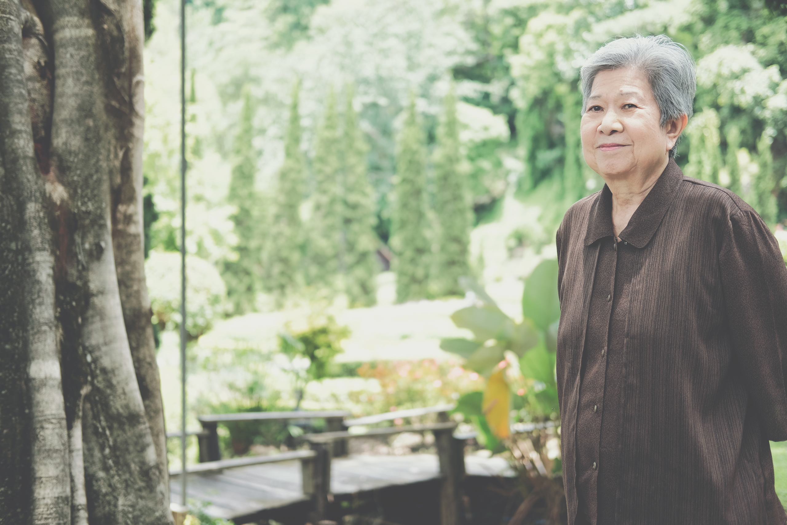 elder woman resting in garden. elderly female relaxing outdoors.